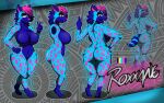  absurd_res anthro blue_body breasts butt female gesture hair hand_gesture hi_res hyena mammal model_sheet navel pink_hair rear_view smile solo tail v_sign yellow_eyes zak_hitsuji 