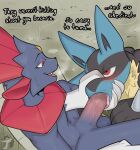  absurd_res ambiguous_gender anthro arkailart blue_body blue_fur canid canine duo english_text erection fellatio fur generation_4_pokemon genitals hi_res humanoid_genitalia humanoid_penis lucario male male/ambiguous mammal nintendo oral oral_penetration penetration penile penis pet_praise pokemon pokemon_(species) praise red_eyes sex simple_background snout_grab text tongue weavile 