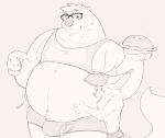  2021 4_fingers anthro atimist belly belly_rub big_belly big_bulge biped blep bulge burger canid canine clothing digital_drawing_(artwork) digital_media_(artwork) duo eyewear fingers food fox glasses greyscale hair hi_res holding_burger holding_food holding_object larger_anthro larger_male looking_at_another looking_at_belly male mammal monochrome moobs mosin mosin_(character) mustelid navel obese obese_anthro obese_male onomatopoeia otter overweight overweight_anthro overweight_male size_difference sloshing_belly smaller_anthro smaller_male smile sound_effects standing tail text thick_thighs tongue tongue_out topwear underwear vest 