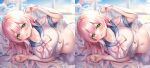  1girl blush breasts green_eyes highres looking_at_viewer lying non-web_source on_side pink_hair pink_ribbon ribbon 