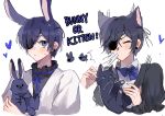  1boy :&lt; animal animal_earrings animal_ears black_jacket black_shirt blue_bow blue_bowtie blue_eyes blue_hair blush bow bowtie cat cat_earrings ciel_phantomhive closed_mouth collared_shirt earrings english_text eyepatch frilled_shirt frilled_sleeves frills gugubird heart highres holding holding_animal jacket jewelry kemonomimi_mode kuroshitsuji male_focus puffy_short_sleeves puffy_sleeves rabbit rabbit_earrings rabbit_ears shirt short_hair short_sleeves simple_background small_sweatdrop sneezing solo white_background white_jacket white_shirt 