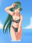  1girl :d alternate_costume arm arm_up armpits artist_request bare_arms bare_legs bare_shoulders bikini black_bikini black_swimsuit breasts cloud collarbone earrings female fire_emblem fire_emblem:_rekka_no_ken green_eyes green_hair hand_on_own_leg happy jewelry legs long_hair looking_at_viewer lyndis_(fire_emblem) medium_breasts midriff navel nintendo ocean open_mouth outdoors ponytail sea sky smile standing swimsuit water 