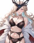  ai-generated dangle_earrings earrings genshin_impact half_mask heretikka highres jewelry lace lace-trimmed_eyepatch lingerie mask mask_over_one_eye one_eye_covered signora_(genshin_impact) underwear 