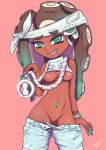  2018 5_fingers beauty_mark black_hair breasts brown_skin clothed clothing digital_media_(artwork) female green_eyes hair hi_res humanoid looking_at_viewer marina_(splatoon) navel nintendo nipples not_furry octoling panties panties_down pants_down partially_clothed pose pussy raised_shirt smile solo splatoon standing tataporn tentacle_hair tentacles underwear undressing video_games 