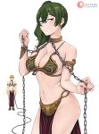  1boy 1girl absurdres bare_shoulders breasts chain chain_leash cleavage cosplay dismaiden earrings english_commentary green_hair hair_between_eyes highres jewelry land_(sousou_no_frieren) large_breasts leash looking_at_viewer metal_bikini navel pelvic_curtain princess_leia_organa_solo princess_leia_organa_solo_(cosplay) purple_eyes side_ponytail smile sousou_no_frieren ubel_(sousou_no_frieren) 