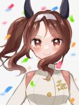  1girl animal_ears blush brown_hair closed_mouth confetti ear_covers hair_between_eyes hairband horse_ears horse_girl jacket king_halo_(noble_white_cheer_attire)_(umamusume) king_halo_(umamusume) long_hair looking_at_viewer official_alternate_costume red_eyes side_ponytail smile solo tyamu_mu umamusume upper_body white_background white_jacket 