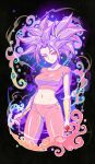  1girl black_background caulifla collarbone crop_top dragon_ball dragon_ball_super earrings hair_intakes highres jewelry kanchiyo long_hair midriff navel orange_pants orange_shirt pants purple_hair red_eyes shirt short_sleeves solo spiked_hair standing stomach 