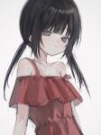  1girl 6nemua black_hair closed_mouth collarbone dress expressionless flat_chest grey_eyes highres long_hair looking_at_viewer low_twintails off-shoulder_dress off_shoulder original red_dress solo strap_slip twintails upper_body 
