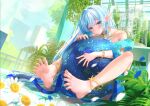  1girl anklet barefoot blue_eyes blue_hair blush cage elf feet highres jewelry long_hair looking_at_viewer original ping9137 plant pointy_ears smile soles spread_toes toenails toes 