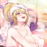  1girl :d bathing blonde_hair breasts bucchake_(asami) collarbone commentary_request completely_nude demon_girl demon_tail hair_bun heart heart_tail hugging_own_legs looking_up mako_(bucchake_(asami)) nude onsen open_mouth orange_hair original partially_submerged short_hair single_hair_bun sitting smile solo steam tail teeth towel towel_on_head upper_body upper_teeth_only 