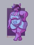  anthro big_breasts big_butt black_hair breasts butt catty_(undertale) cleavage clothed clothing domestic_cat felid feline felis female fur hair hand_on_hip hi_res highlights_(coloring) luminared mammal overalls overweight overweight_female pupils purple_body purple_fur skindentation slightly_chubby slit_pupils thick_thighs undertale_(series) wide_hips yellow_eyes 