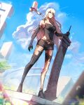  1girl a2_(nier:automata) absurdres black_gloves black_shirt black_shorts cloud cloudy_sky commentary dutch_angle elbow_gloves english_commentary floating_hair full_body gloves greatsword highres holding holding_sword holding_weapon long_hair nier:automata nier_(series) outdoors parted_lips planted planted_sword pod_(nier:automata) shirt short_shorts shorts sky standing stephengiannart sword thighhighs torn_clothes torn_thighhighs weapon white_hair wind 