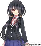  1girl black_hair black_jacket blazer blue_skirt breasts collared_shirt date_a_live edamame_senpai hair_over_one_eye jacket long_hair long_sleeves looking_at_viewer low_twintails medium_breasts neck_ribbon official_art pleated_skirt raizen_high_school_uniform red_eyes ribbon school_uniform shirt skirt smile solo tokisaki_kurumi twintails vivid_army white_background white_shirt 