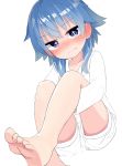  +_+ 1girl barefoot blue_hair blush feet female original partially_colored soles solo symbol-shaped_pupils tikaminchat toes 