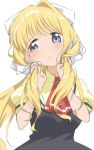  1girl air_(visual_novel) ascot black_dress blonde_hair blue_eyes dress emu_shido hair_ribbon highres holding holding_hair kamio_misuzu long_hair ponytail red_ascot ribbon school_uniform shirt simple_background solo white_background yellow_shirt 