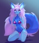  2023 alternate_species alternate_version_at_paywall anthro bikini blue_body blue_fur breasts canid canine cleavage clothed clothing eyelashes feet female fluffy fluffy_hair fluffy_tail fox fur glistening glistening_bikini glistening_clothing glistening_swimwear hair heart_eyes heart_symbol hi_res kolae kolae_(character) long_hair looking_at_viewer mammal navel pawpads paws pink_hair shaded signature skimpy solo swimwear tail 