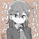  1girl blush brown_background chibi commentary dated greyscale_with_colored_background light_smile looking_at_viewer love_live! love_live!_superstar!! medium_hair mezashi_(mezamashi_set) school_uniform shibuya_kanon signature solo translation_request upper_body yuigaoka_school_uniform 