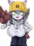  1girl animal_ears animal_nose black_pants breasts cat_ears cat_girl cleavage colored_sclera ears_through_headwear fangs folded_ponytail furry furry_female futaba_channel genba_neko_(character) genba_neko_(meme) gloves grey_hair hard_hat helmet highres kamen_no_hito large_breasts leaning_forward looking_at_viewer meme no_bra open_mouth pants paw_print shigoto_neko side_ponytail simple_background slit_pupils solo sweat sweatdrop tank_top teeth upper_teeth_only white_background white_tank_top yellow_helmet yellow_sclera 