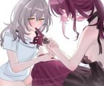  2girls bare_arms black_dress blush breasts closed_mouth commentary dress earrings glove_in_mouth gloves grey_hair hand_on_another&#039;s_knee hashtag-only_commentary highres honkai:_star_rail honkai_(series) jewelry kafka_(honkai:_star_rail) kneeling large_breasts long_hair mouth_hold multiple_girls purple_gloves purple_hair shirasagara shirt short_sleeves sideboob simple_background sitting smile stelle_(honkai:_star_rail) trailblazer_(honkai:_star_rail) white_background white_shirt yellow_eyes yuri 