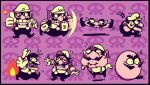  1boy black_overalls cleft_chin facial_hair gloves grin hat mangoso multiple_views mustache one_eye_closed overalls purple_background shirt smile thumbs_up wario wario_land wario_land_ii white_gloves white_hat white_shirt 