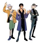  3boys aymeric_de_borel baseball_cap belt_chain black_footwear black_hair black_hat black_jacket black_pants blue_eyes blue_footwear boots character_request check_character closed_mouth coat coffee_cup collared_coat collared_jacket contemporary crossed_arms cup diamond_earrings disposable_cup earrings elezen elf english_commentary estinien_varlineau fanny_pack final_fantasy final_fantasy_xiv full_body fur-trimmed_coat fur_trim green_shorts grey_hair hair_between_eyes hand_in_pocket hand_up hat haurchefant_greystone highres holding holding_cup hood hood_down hooded_jacket jacket jewelry long_sleeves looking_at_viewer male_focus multiple_boys pants pointy_ears purple_coat purple_hair robodumpling shoes short_hair shorts simple_background single_earring smile sneakers standing tank_top white_background white_hair white_tank_top yellow_jacket 