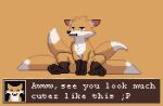  after_transformation ambiguous_gender canid canine dialogue digital_media_(artwork) feral fox fox_spirit front_view fur mammal multi_tail pawpads paws pixel_(artwork) pouting sitting solo tail unimpressed 
