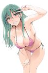  1girl aqua_eyes aqua_hair bikini breasts cleavage collarbone commentary_request grin hair_ornament hairclip highres kantai_collection large_breasts leaning_forward long_hair looking_at_viewer parted_lips pink_bikini side-tie_bikini_bottom smile solo suzuya_(kancolle) swimsuit thigh_gap v zekkyon 