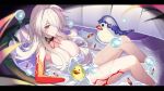  1girl acheron_(honkai:_star_rail) bathtub black_choker black_swan_(honkai:_star_rail) breasts bubble choker commentary_request hair_censor highres honkai:_star_rail honkai_(series) knees_up large_breasts nude official_alternate_color partially_submerged red_eyes rubber_duck sitting solo srpzk thighs veil water white_hair 