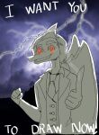 2024 5_fingers absurd_res anthro business_suit cavemanon_studios clothing dialogue digital_drawing_(artwork) digital_media_(artwork) dinosaur electricity english_text fingers hi_res i_wani_hug_that_gator iadakan lightning looking_at_viewer low_tier_god male meme necktie open_mouth open_smile pterodactylus pterosaur reptile scalie smile snout solo suit talking_to_viewer text wings yakuzanon