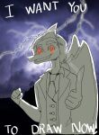  2024 5_fingers absurd_res anthro business_suit cavemanon_studios clothing dialogue digital_drawing_(artwork) digital_media_(artwork) dinosaur electricity english_text fingers hi_res i_wani_hug_that_gator iadakan lightning looking_at_viewer low_tier_god male meme necktie open_mouth open_smile pterodactylus pterosaur reptile scalie smile snout solo suit talking_to_viewer text wings yakuzanon 