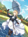  blonde_hair blue_eyes blue_jacket boots braid brooch brown_footwear brown_gloves cloud day envelope gloves hair_between_eyes hair_ribbon jacket jewelry jme131456 lake leaf outdoors parasol red_ribbon ribbon sky solo tree umbrella violet_evergarden violet_evergarden_(character) white_neckwear 