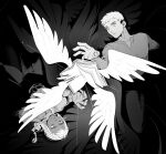  2boys black_background book dark-skinned_male dark_skin dungeon_meshi elf feathered_wings green_eyes hand_up highres laios_touden long_sleeves looking_at_object male_focus multiple_boys pants parted_lips pointy_ears purple_eyes robodumpling short_hair simple_background spot_color thistle_(dungeon_meshi) undercut upside-down very_short_hair wings 