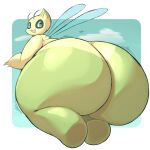 1:1 ambiguous_gender anthro big_butt blue_eyes butt celebi flying generation_2_pokemon green_body hi_res huge_butt hyper hyper_butt legendary_pokemon lightmizano multicolored_body nintendo open_mouth open_smile pokemon pokemon_(species) short_stack simple_background sky smile solo steam_clouds thick_thighs two_tone_body wings