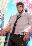  1boy bara beard black_hair black_necktie black_pants blue_fire blue_sky cherry_blossoms cigarette closed_mouth curtains facial_hair fire highres itaru_(kidomh63) low_ponytail muscular muscular_male necktie pants sandayu_(housamo) scroll shirt sky smoking tie_clip tokyo_afterschool_summoners white_shirt 