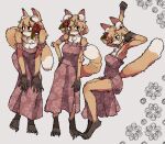  accessory anthro black_body black_fur black_nose canid canine canis cheek_tuft claws clothed clothing digital_media_(artwork) dress ear_tuft facial_tuft female flower flower_in_hair fox full-length_portrait fur fur_tuft hair hair_accessory hhonchkrow234 hi_res inner_ear_fluff mammal open_mouth orange_body orange_fur petals plant portrait simple_background solo stretching tail true_fox tuft white_body white_fur yawn 