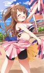  1girl ;d arm_up bike_shorts bike_shorts_under_skirt black_sports_bra blush bow breasts brown_hair cheerleader cropped_shirt feet_out_of_frame hair_bow highres holding holding_pom_poms idolmaster idolmaster_cinderella_girls long_hair looking_at_viewer medium_breasts one_eye_closed outdoors pink_skirt pleated_skirt pom_pom_(cheerleading) shimamura_uzuki shirt skirt sleeveless sleeveless_shirt smile solo sports_bra sweat two-sided_fabric two-sided_skirt very_long_hair yairo_ju 