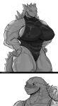 abs absurd_res anthro athletic athletic_anthro athletic_female athletic_male biceps big_breasts bite biting_lip blush blush_lines breasts claws clothed clothing curvy_figure digital_media_(artwork) duo female godzilla godzilla_(series) hand_on_hip hi_res horn kaiju leotard male male/female monster monsterverse muscular muscular_anthro muscular_female muscular_male muscular_thighs navel nipple_outline nipples reptile scales scalie serratus shimo_(kaiju) simple_background size_difference smile spikes tail teeth thedarkzircon thick_thighs toho triceps white_body wide_hips