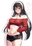  1girl absurdres black_hair black_shorts breasts cleavage cropped_sweater fanenway hairband heart heart_hands highres large_breasts looking_at_viewer micro_shorts navel red_eyes red_sweater shorts solo spy_x_family sweater white_hairband yor_briar 