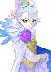  1girl aiguillette androgynous arm_behind_head arm_up bad_id bad_twitter_id cape feathers flower gold_trim green_eyes grey_hair hair_between_eyes idol_clothes jacket long_sleeves looking_at_viewer mdr_onj1807 open_mouth pretty_series pripara purple_flower purple_rose reverse_trap rose shikyoin_hibiki short_hair simple_background smile solo upper_body white_background white_cape white_jacket 