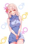  1girl bare_arms bare_shoulders blue_sweater blush breasts commentary cowboy_shot dress flower hair_between_eyes hair_flower hair_ornament large_breasts long_hair looking_at_viewer male-female_symbol mars_symbol mature_female meme_attire onii-chan_wa_oshimai! oyama_matsuri pa_panahana parted_lips pink_hair red_eyes simple_background sleeveless sleeveless_sweater sleeveless_turtleneck smile solo sweater sweater_dress thigh_gap turtleneck turtleneck_sweater v_arms venus_symbol virgin_killer_sweater white_background 