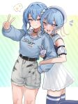  2girls arm_hug bare_shoulders belt beret black_belt black_choker blue_choker blue_eyes blue_hair blue_sweater blue_thighhighs breasts choker clothes_writing dual_persona foot_up gloves grey_shorts hair_between_eyes hat highres hololive hoshimachi_suisei hoshimachi_suisei_(old_design) indie_virtual_youtuber knees looking_at_viewer medium_hair miniskirt multiple_girls open_mouth parted_lips pleated_skirt purple_eyes shorts side_ponytail skindentation skirt small_breasts smile sparkle star_(symbol) star_in_eye sweater symbol_in_eye thighhighs tomanesan v virtual_youtuber white_gloves white_hat white_skirt zettai_ryouiki 