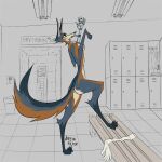 15(brewfilter) 1:1 absurd_res anthro bionic_arm bionics blue_eyes brewfilter canid canine collar collar_only cybernetic_arm cybernetic_limb english_text female fox grey_fox hi_res locker_room mammal nude robotic_arm text urocyon yellow_sclera