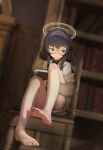  absurdres barefoot black_hair blue_archive blue_eyes blush book bookshelf chair feet glasses halo headband highres long_hair no_shoes round_eyewear sitting soles toes ui_(blue_archive) youyueyue 