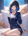  absurdres ai-generated aqua_eyes blue_hair blush bob_cut breasts cleavage diagonal_bangs earrings genshin_impact heretikka highres jewelry multicolored_hair on_bed pajamas pillow stuffed_animal stuffed_toy teddy_bear two-tone_hair yelan_(genshin_impact) 