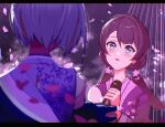 2girls black_gloves blue_eyes blue_hair blush bob_cut cherry_blossoms commentary dark_blue_hair dollchestra elbow_gloves falling_petals flower fog gloves grey_hair hair_flower hair_ornament highres holding holding_microphone inverted_bob japanese_clothes letterboxed link!_like!_love_live! long_hair looking_at_another love_live! low_twintails microphone mole mole_on_neck multicolored_hair multiple_girls murano_sayaka night night_sky open_mouth petals red_hair scapegoat_(love_live!) shirt short_hair sky sleeveless sleeveless_shirt solo_focus ssyunn streaked_hair twintails virtual_youtuber yugiri_tsuzuri 