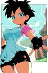  1girl absurdres bike_shorts black_hair blue_eyes border dragon_ball dragon_ball_z fingerless_gloves foxdropsdraws gloves hand_on_own_hip highres looking_at_viewer outside_border outstretched_arm short_hair solo standing sweat thigh_gap thighs torn_bike_shorts torn_clothes videl white_border 