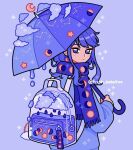 1girl bag_charm blue_background blue_bag blue_clouds blue_eyes blue_hair blue_scarf blue_sweater blue_theme blue_umbrella charm_(object) cloud constellation crescent_moon emily_kim from_behind full_moon gibbous_moon half_moon highres holding holding_umbrella liquid looking_back moon moon_phases original rain scarf simple_background sparkle sweater transparent_bag twitter_username umbrella 