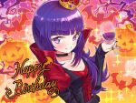  1girl 5553pp bat_(animal) blunt_bangs breasts choker cleavage closed_mouth crown cup drinking_glass fangs fingernails ghost halloween halloween_costume hanazono_shuka hand_up happy_birthday high_collar holding holding_cup idol_time_pripara jack-o&#039;-lantern long_hair long_sleeves looking_at_viewer medium_breasts nail_polish pretty_series pripara purple_eyes purple_hair purple_nails sharp_fingernails smile solo sparkle third-party_source upper_body vampire_costume wine_glass 