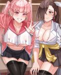  2girls alternate_costume blunt_bangs blush bow breasts brown_eyes brown_hair cleavage closed_mouth clothes_around_waist commission contemporary covered_nipples earrings embarrassed fire_emblem fire_emblem:_three_houses fire_emblem_fates gyaru hair_bow hair_over_one_eye hand_on_own_knee highres hilda_valentine_goneril jewelry kagero_(fire_emblem) large_breasts long_hair long_sleeves looking_at_viewer miniskirt multiple_girls nail_polish navel nipple_slip nipples open_clothes open_mouth open_shirt panty_straps pink_eyes pink_hair pink_nails ponytail rynn_(darknescorez) school_uniform shirt skirt smile sweater sweater_around_waist thighhighs twintails underwear uniform v white_shirt 