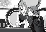 2girls bare_shoulders barrel bartender bell bottle chinese_commentary closed_mouth coat coat_on_shoulders cocktail_glass collared_shirt commentary_request cup drinking_glass eyewear_on_head greyscale highres honkai:_star_rail honkai_(series) kafka_(honkai:_star_rail) long_hair looking_at_viewer looking_back monochrome multiple_girls ponytail shirt sixteenmiao sleeves_rolled_up stelle_(honkai:_star_rail) sunglasses trailblazer_(honkai:_star_rail) upper_body vest 